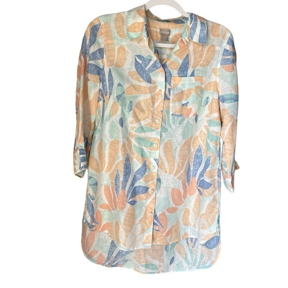 Chicos linen tunic blouse 0 button down 3/4 sleeve‎ abstract floral US size 4 - Picture 1 of 4